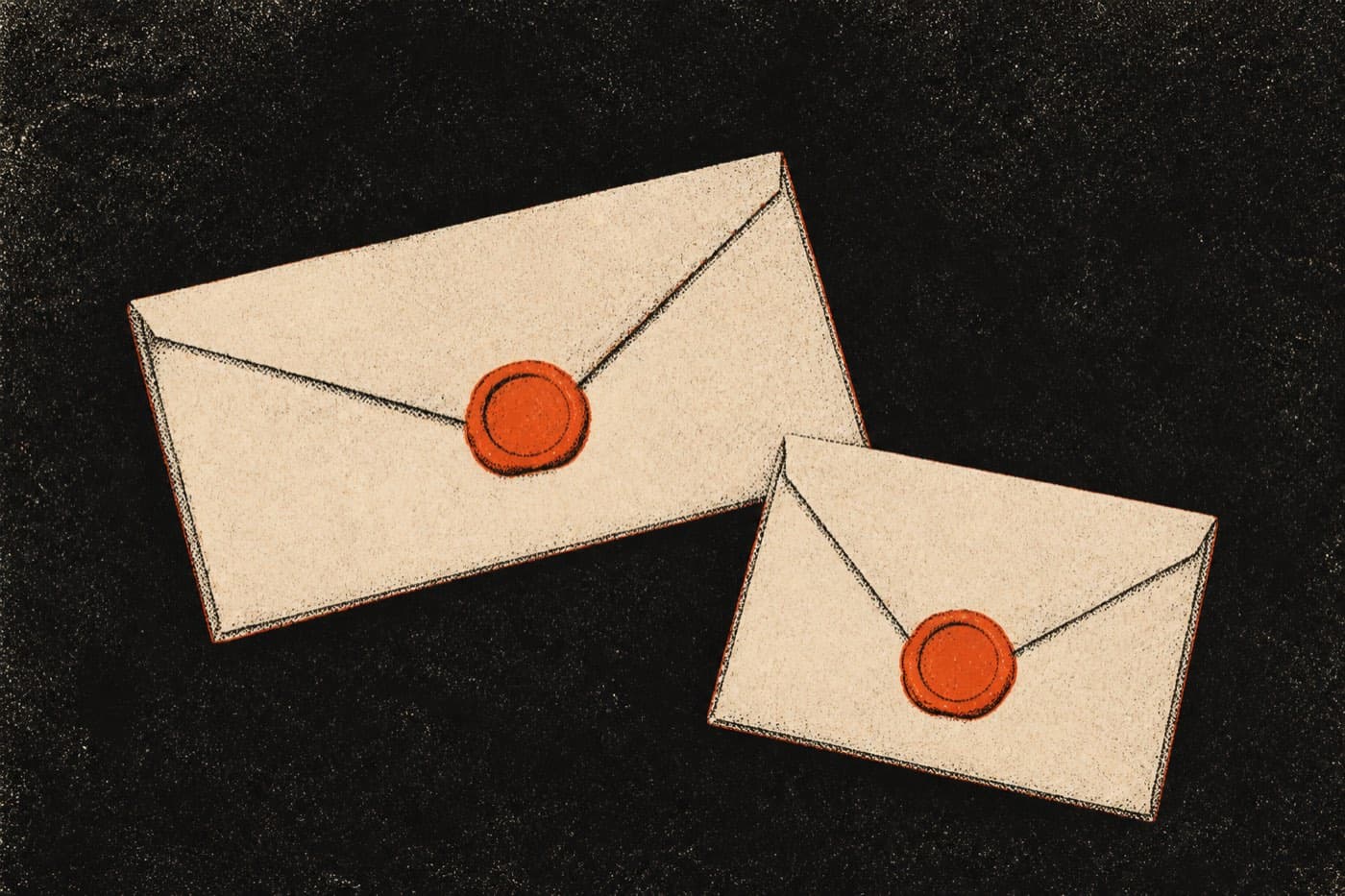 Two envelopes of different sizes lying at different angles, each still closed with its own red wax seal.