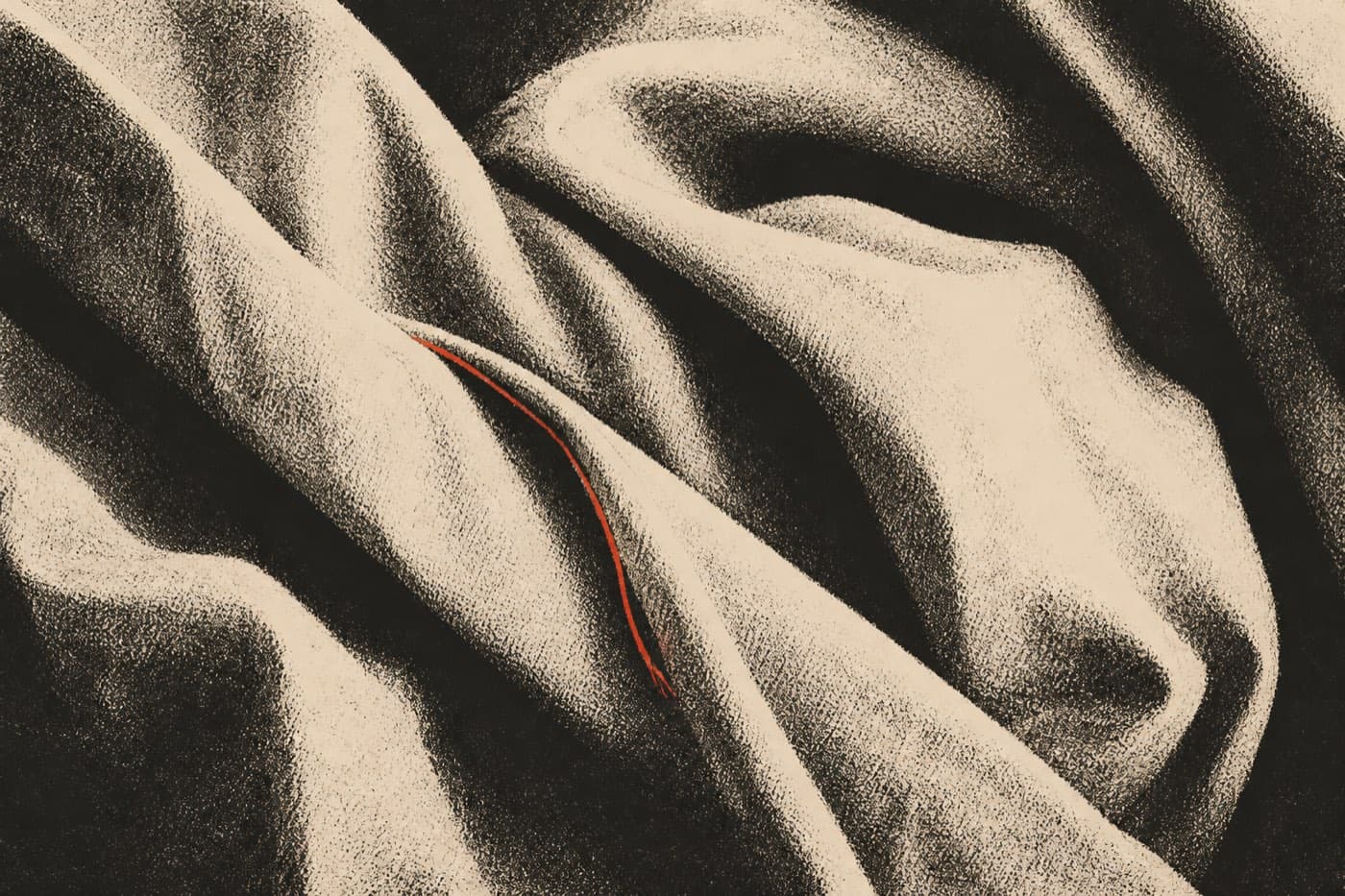 Rumpled pale bedsheets in deep shadow with a single red thread running through one fold.