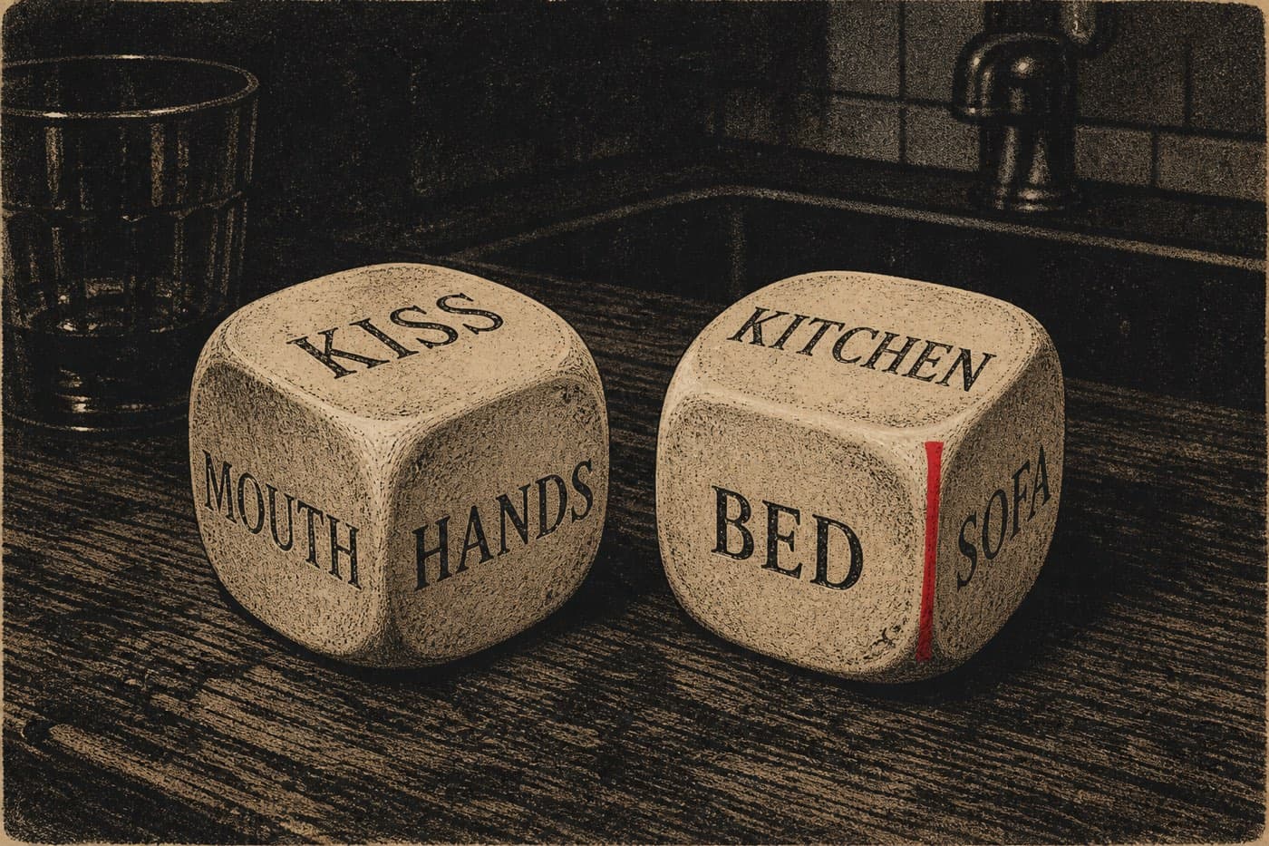 Two cream dice on a dark kitchen counter at night, one carved with acts, the other with rooms, a single red pip on the place die.