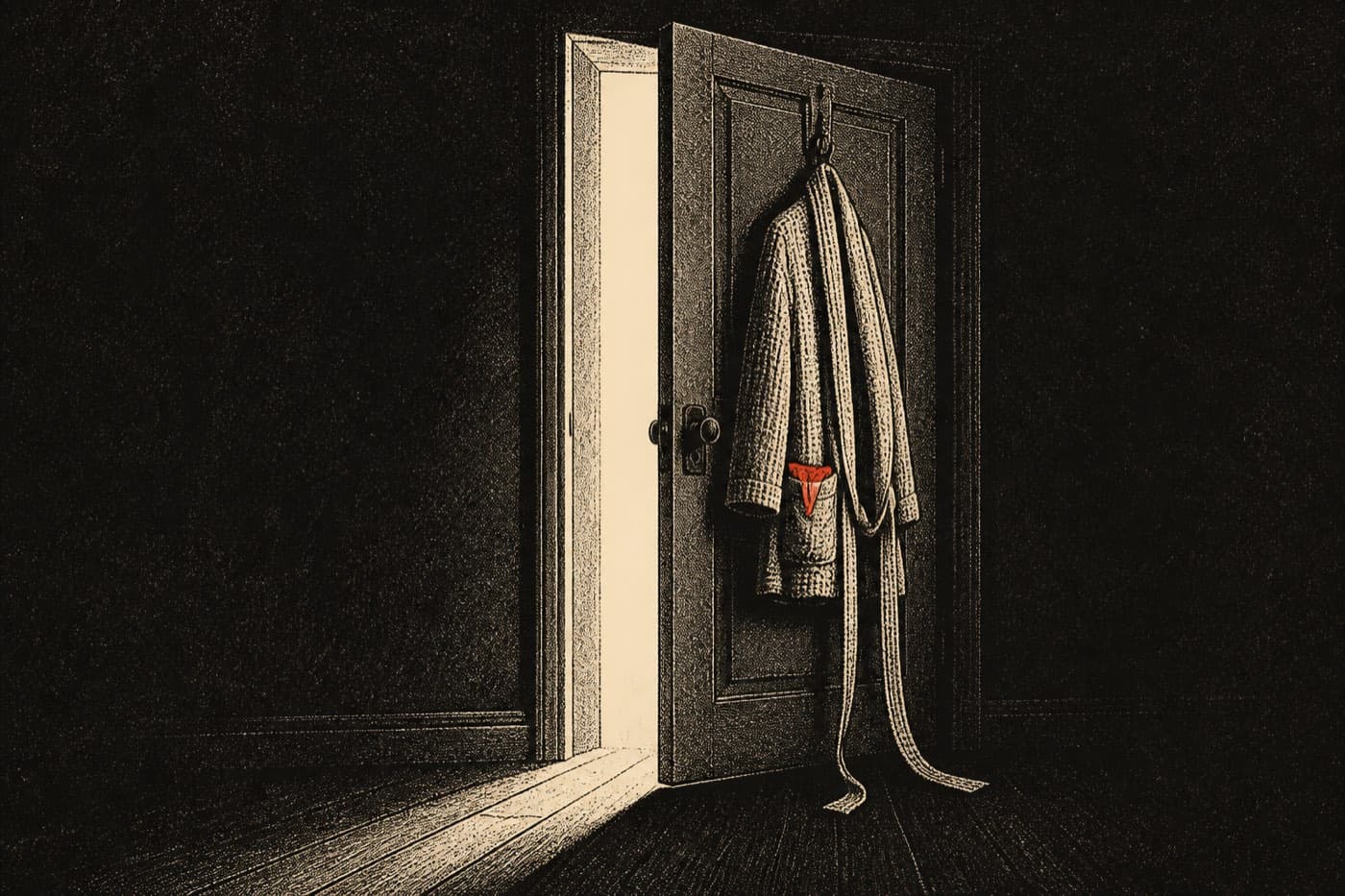 A bedroom door standing ajar at night with warm light falling across the threshold, a bathrobe hanging on the door with its belt untied, and one red garment folded into the robe's pocket.