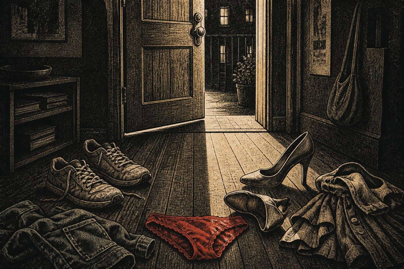 An open door at night with light across the floorboards, running shoes and heels kicked off, jeans and a skirt in a heap, and one red pair of underwear on the threshold.