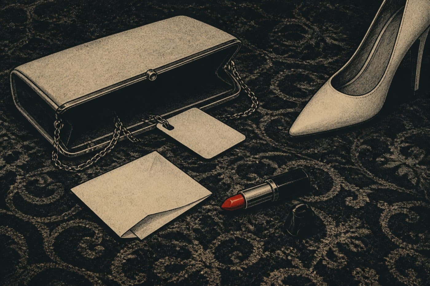 An open evening clutch on a hotel carpet, spilling lipstick and a blank key card, one cream stiletto beside it.
