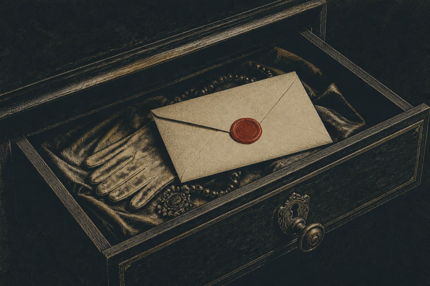 A half-open velvet drawer holding silk gloves and a necklace, a cream letter closed with a red wax seal.