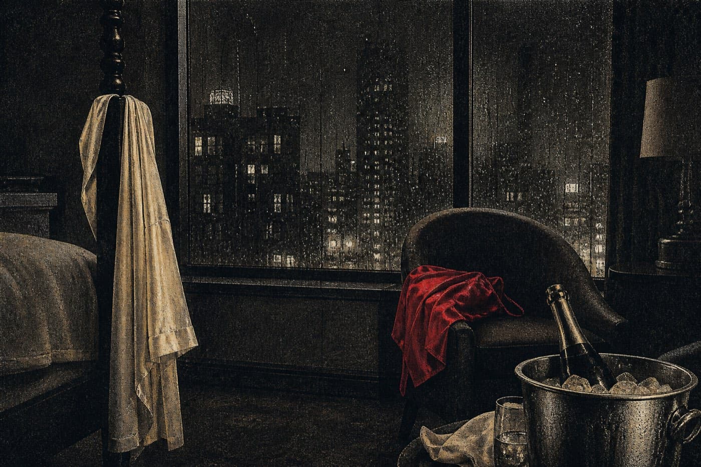 Rain on a hotel window at night, an ice bucket sweating in the foreground, a red silk camisole on the chair.