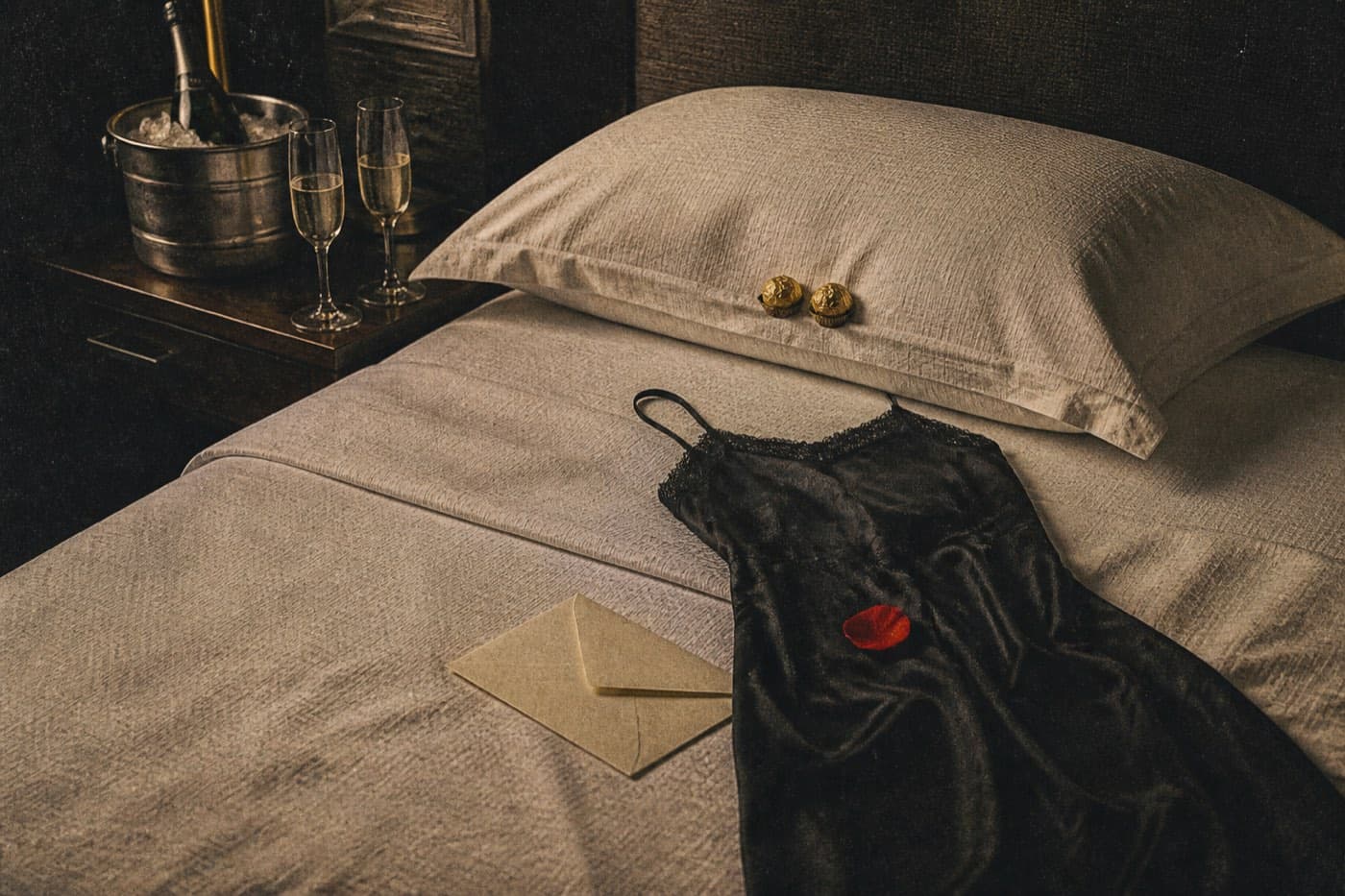 A hotel bed turned down, gold chocolates on the pillow, a black slip laid out, ice bucket and flutes waiting.
