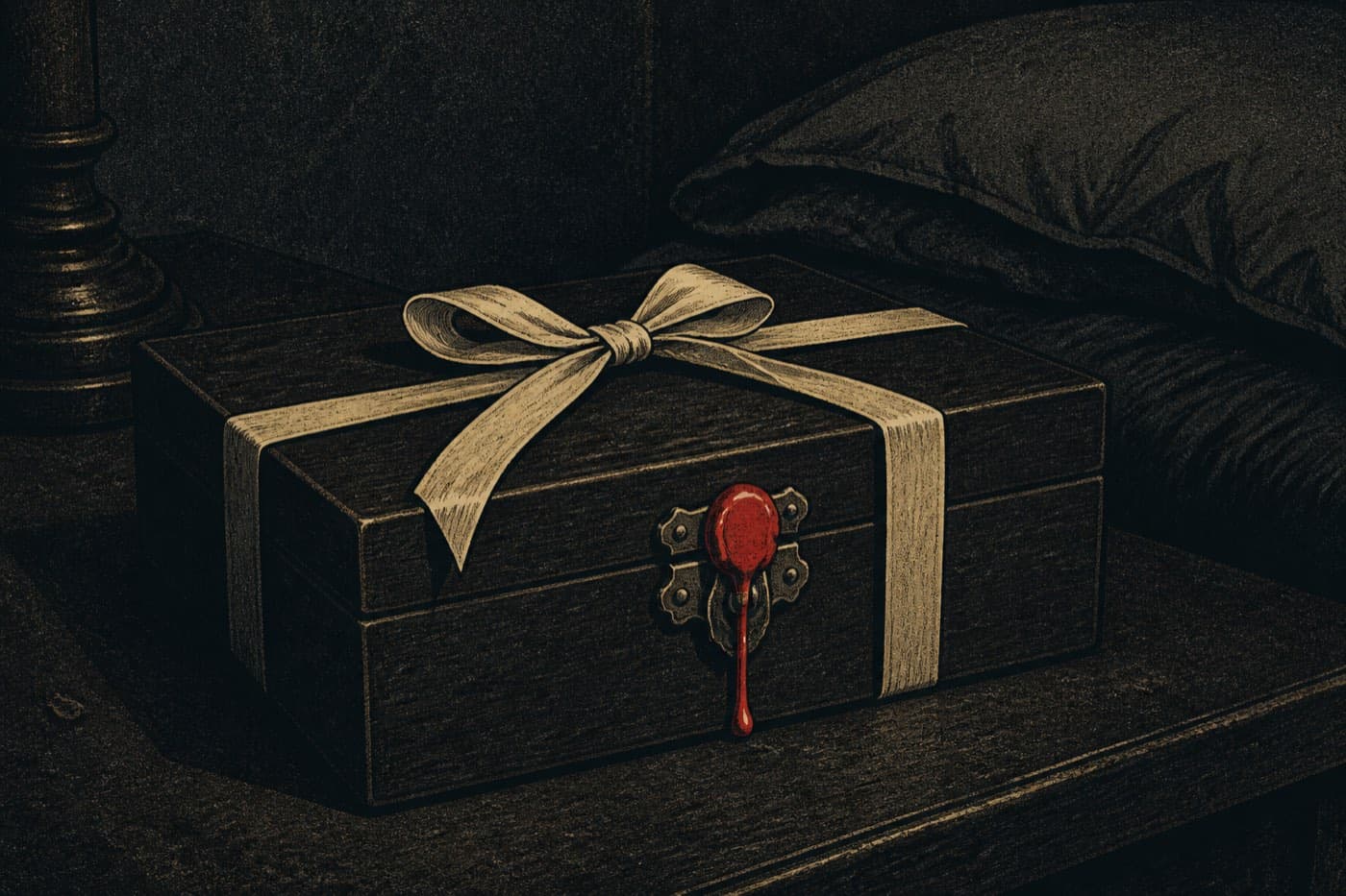 A closed jewelry box at night, cream ribbon around it, red wax dripped across the latch.