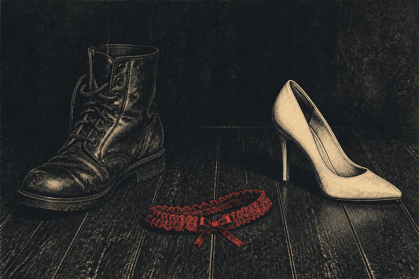 A scuffed leather boot and a cream stiletto standing together, a red lace garter dropped between them.