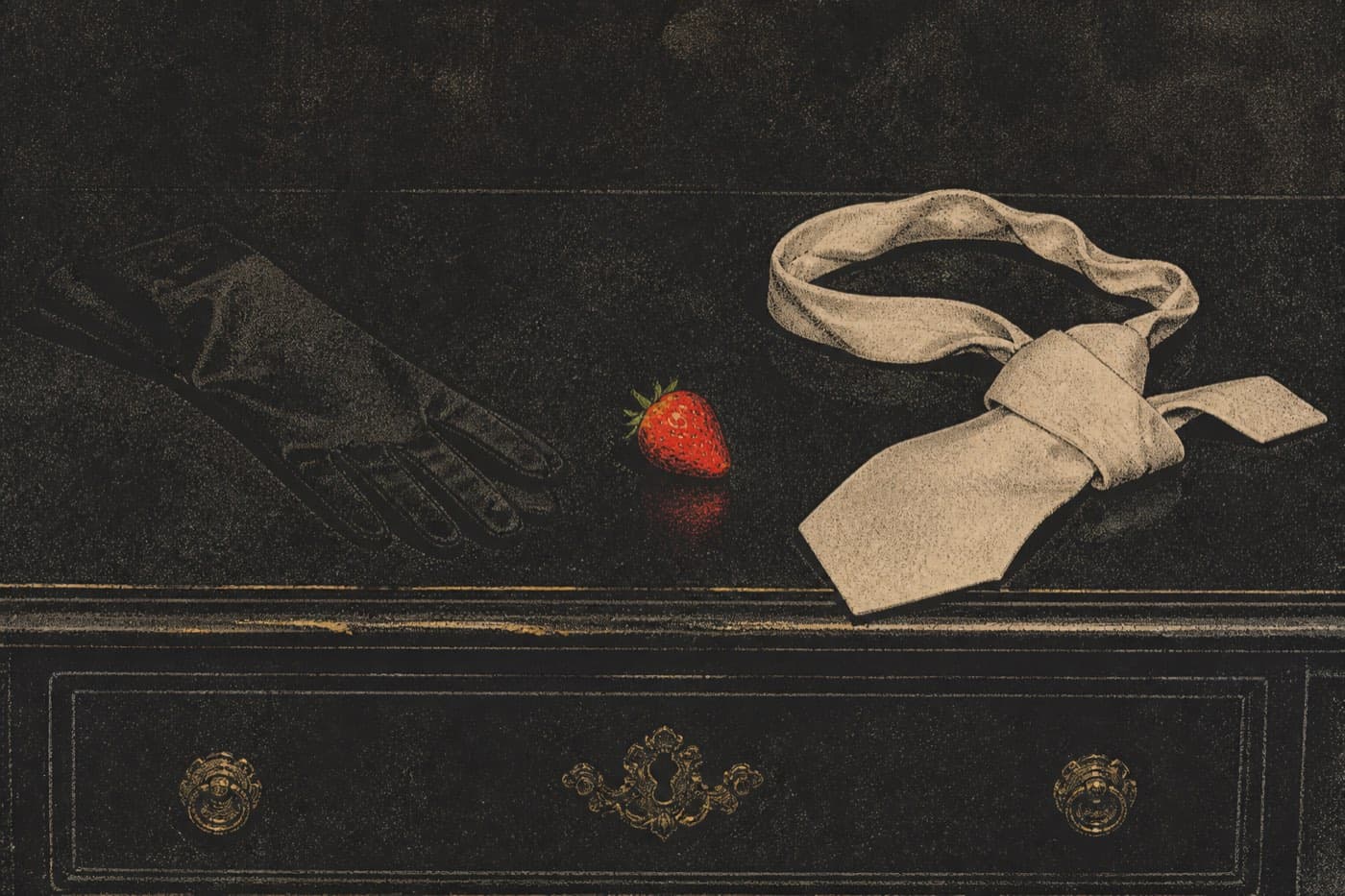 A black silk evening glove and a loosened necktie facing each other on a dresser, a strawberry between them.