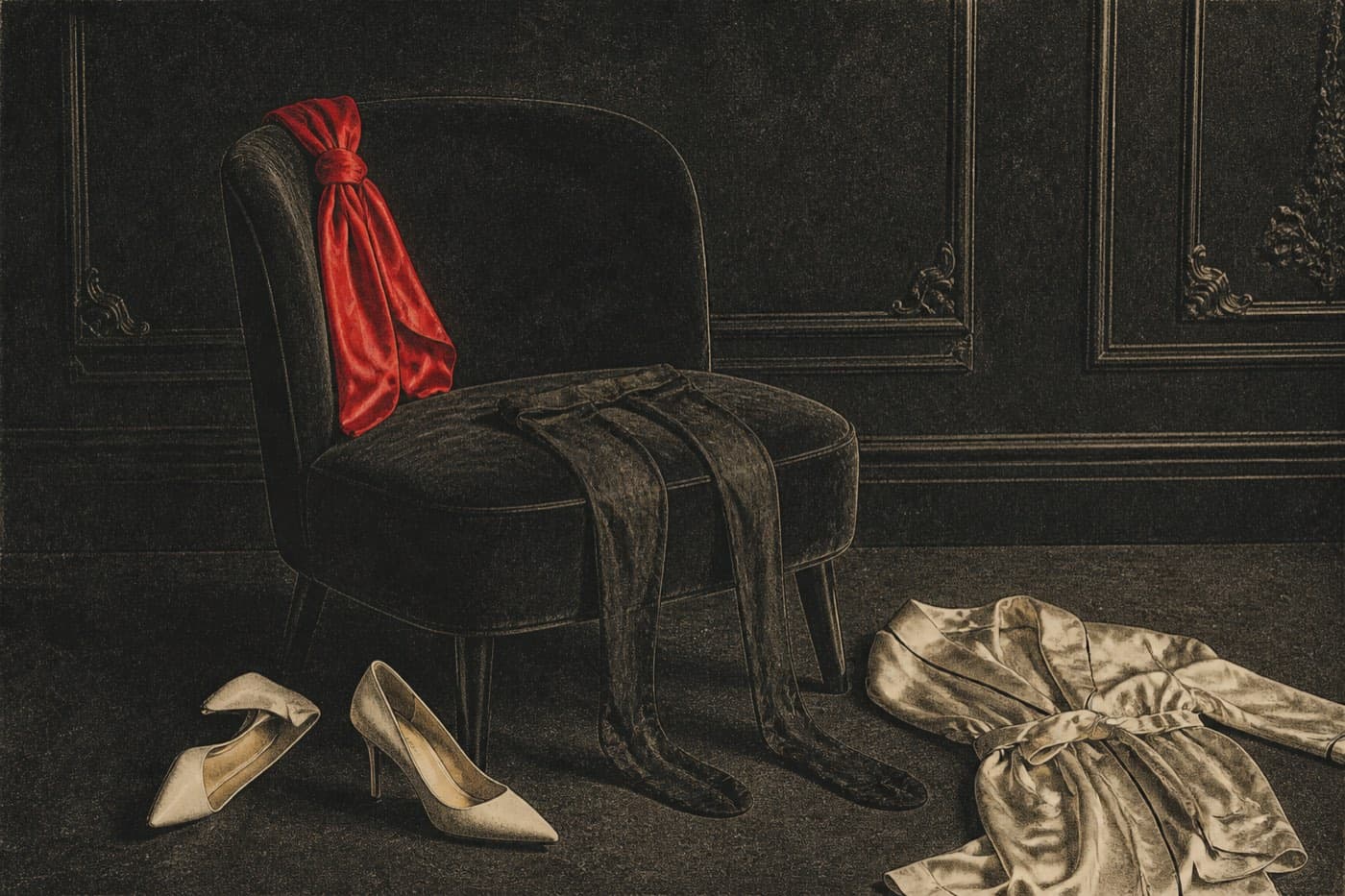 Sheer black stockings over a velvet chair, cream stilettos kicked nearby, a red silk scarf knotted on the chair.