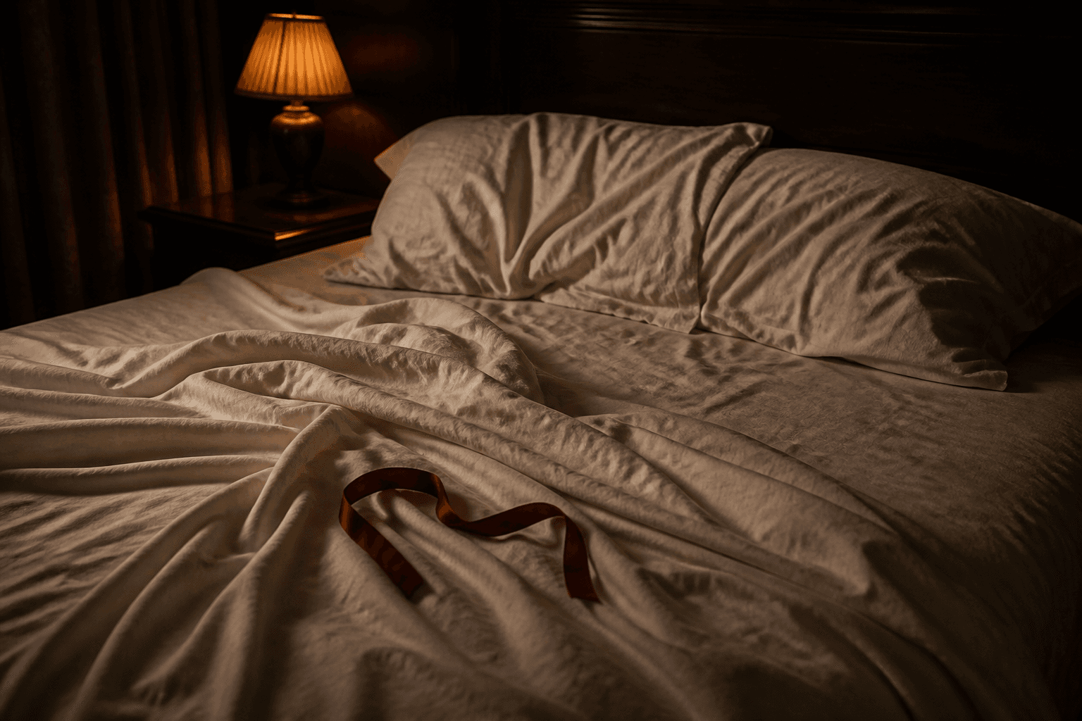 An unmade bed at night, cream sheets twisted, one red silk ribbon in the fold.