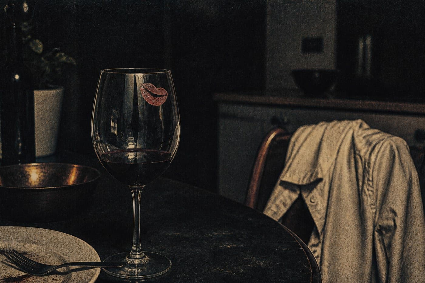 A wine glass on a dark kitchen table at night, a lipstick kiss on the rim, a cream blouse on the chair behind.