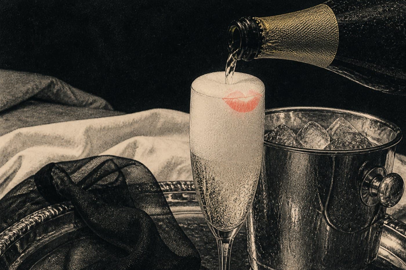 Champagne overflowing a flute on a hotel tray at night, ice sweating, a black silk stocking on the tray, lipstick on the glass.