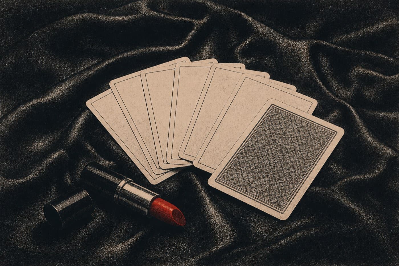 Cream playing cards fanned across black silk, an uncapped red lipstick lying on its side.