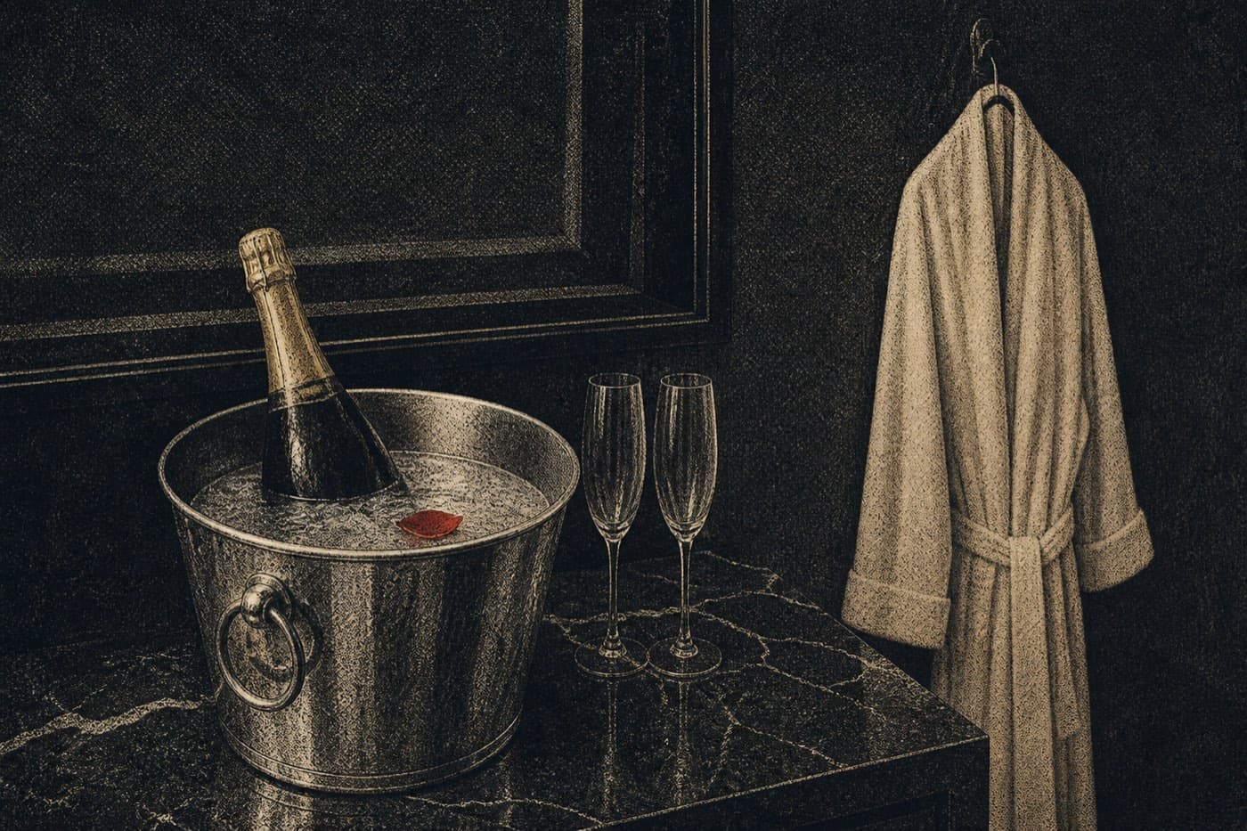 Melted ice in a bucket, a champagne bottle still corked, unused flutes, a dried red petal in the water.