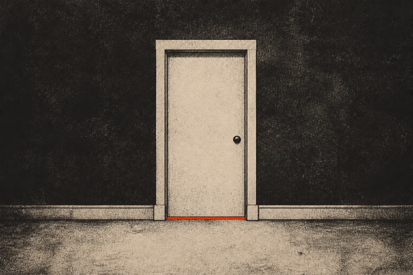 A closed door in a dark wall with one red line drawn across the threshold.