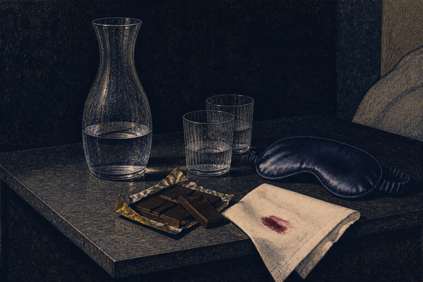 A nightstand after: water carafe, two glasses, broken dark chocolate, a silk mask, berry on a napkin.